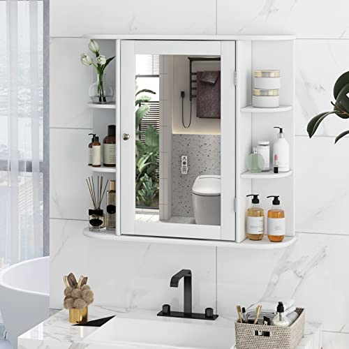 Tangkula Bathroom Medicine Cabinet with Mirror, Wall Mounted Bathroom Storage Cabinet w/Mirror Door & 6 Open Shelves, Adjustable Shelves, Mirrored Bathroom Wall Cabinet (White) Tangkula