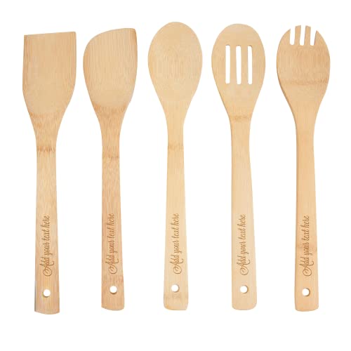 PrintSupremacy Custom Engraved Bamboo Cooking Spoons Set, Non Stick Wooden Kitchen Gadget Pan Cookware, Baking Gift for Housewarming Wedding Birthday, Chef Foodie Gift (Custom, 5 Pieces) PRINT SUPREMACY