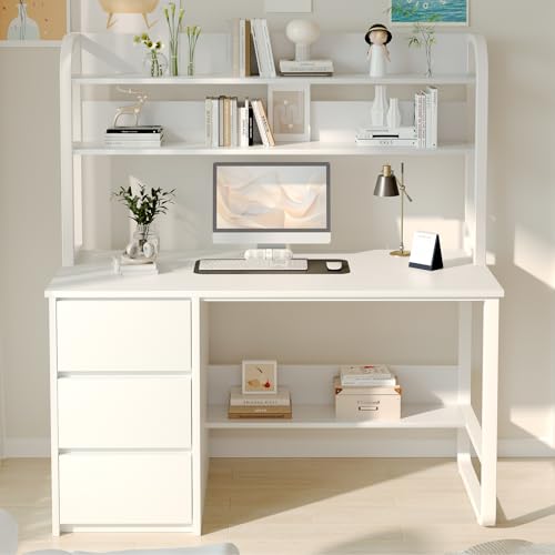 MaverickFurni 60 Inch Computer Desk with Shelves & Hutch, Home Office Desk with 3 Storage Drawers for Bedroom Work, Study Writing Table for Small Spaces, Adjustable feet, White MaverickFurni