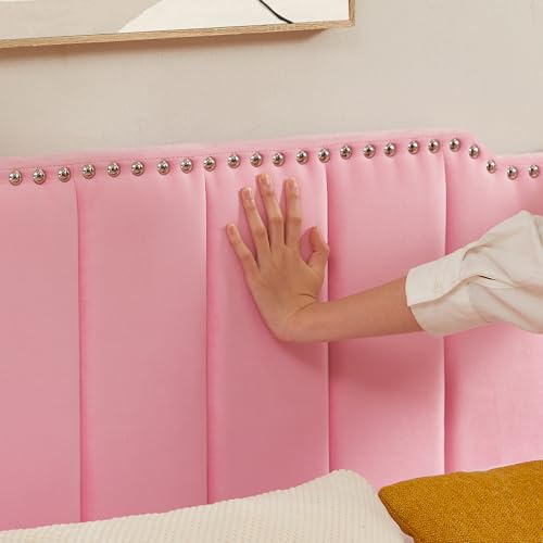 VECELO Full Size Upholstered Platform Bed Frame with 4 Drawers&Tufted Adjustable Headboard/Mattress Foundation/Wood Slat Support,Easy Assembly,Pink VECELO