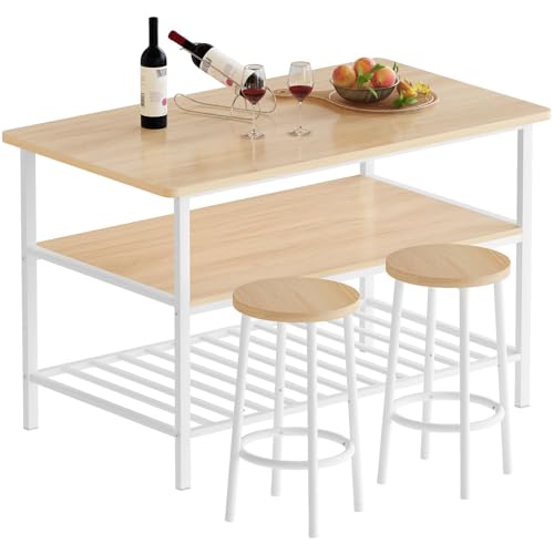 AWQM 3-Piece Beige Bar Table Set with Storage & Stools for Small Spaces AWQM
