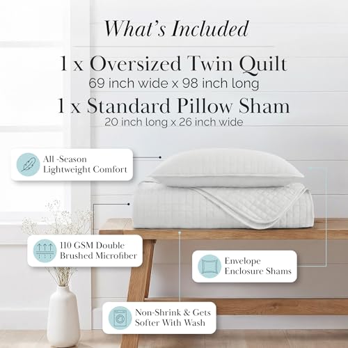 Southshore Fine Living, Inc. XL Twin Quilt Set, Microfiber Quilted Bedspread, White Bedding Twin Coverlet w/Pillow Sham, Pet Hair Resistant Bedding Coverlet Set, Quilted Comforter, Bright White Quilt Southshore Fine Living, Inc.
