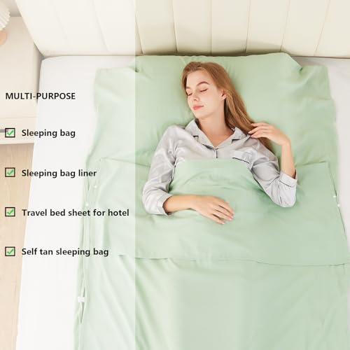 RHINSBENF Sleeping Bag Liner Camping Adult Sleep Sack Lightweight Travel Sheet for Hotel Bed Compact Ultralight Essential Cleaning Supplies Kit Travel Bedding Set for Backpacking (Green & Single) RHINSBENF
