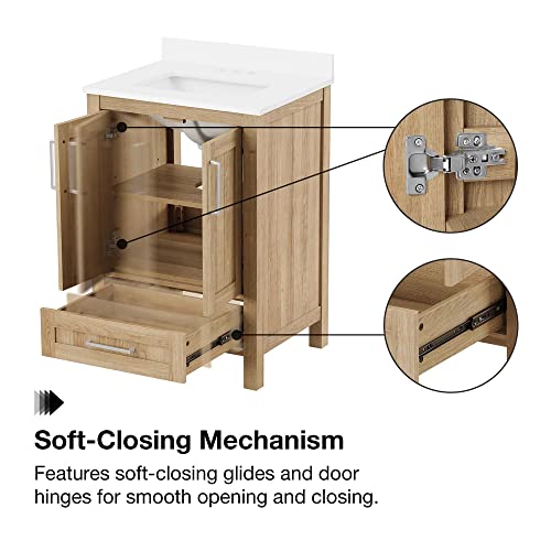 OVE Decors Kansas 24" Single Sink Bathroom Vanity Set with Countertop, Fully-Assembled | Ceramic Sink and Backsplash Included | 02 Doors, 01 Drawer, 24 inches, White Oak OVE Decors