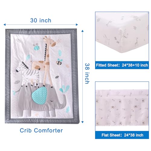 Wowelife Mini Crib Bedding Set Boy, 3 Piece Baby Bedding Set Nursery Bedding Set Elephant, Giraffe, Zebra Breathable Soft for Baby Boy with Comforter, Crib Fitted Sheet and Crib Skirt, Gray Wowelife