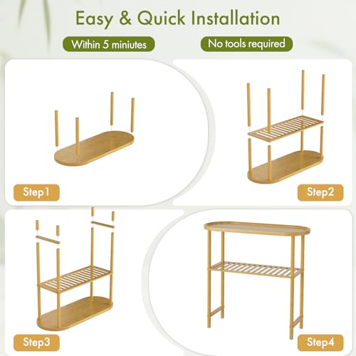 Small Entryway Table Bamboo 30.7", Narrow Hallway Table Oval Top 2-tier, Slim Console Table with Anti-fall Edge, Sofa Side Table 5min Easy Assembly, Small TV Stand for Bedroom, Indoor Plant Stand Atoping