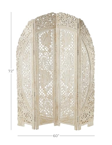 Deco 79 Wood Floral Handmade Foldable Arched Partition 4 Panel Privacy Screen with Intricately Carved Designs, Room Divider 60" x 2" x 72", White Deco 79