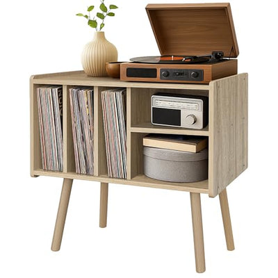 Montex Record Player Stand with Vinyl Storage, Wooden Record Player Table with 5 Cabinet, Large Vinyl Record Player Stand, Record Player Holder, Record Player Shelf for Office Living Room, White Oak