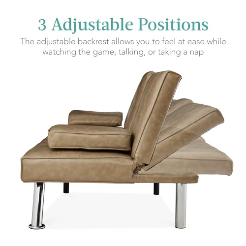 Best Choice Products Faux Leather Upholstered Modern Convertible Futon, Adjustable Folding Sofa Bed, Guest Bed w/Removable Armrests - Taupe Best Choice Products
