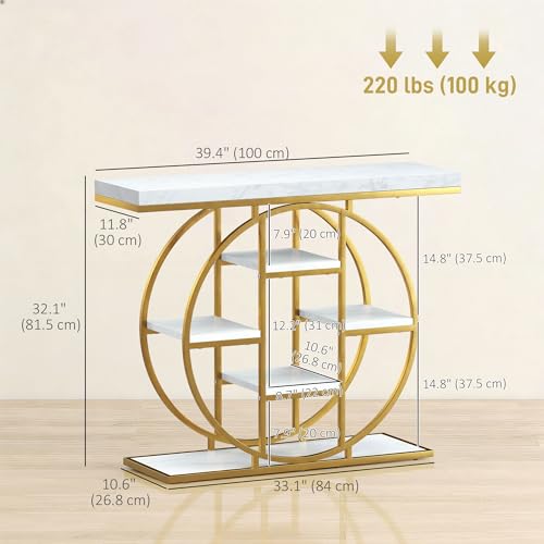 HOMCOM Entryway Table, 39.4" Console Sofa Table with Storage Shelves and Circle Steel Frame, Narrow Wood Accent Tables for Entrance, Hallway, Foyer, Living Room, White Marble Effect HOMCOM