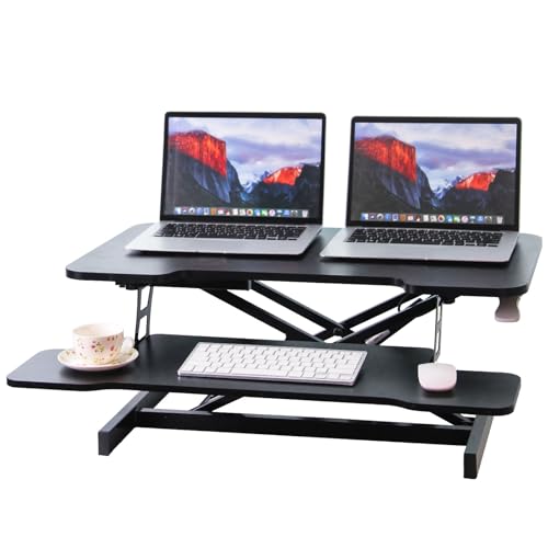 Juyancao Standing Desk Converter, 32" Height Adjustable Sit to Stand Up Workstation, Dual Monitor Desk Riser with Keyboard Tray, Black Desktop Tabletop Riser Laptop for Home Office Juyancao