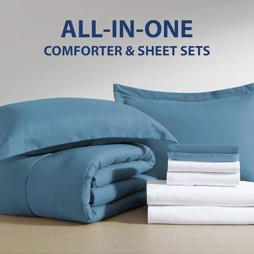 Cathay Home Basic Bedding Home Essential Ultra Soft Lightweight 8PC Wrinkle Resistant Microfiber Bed in a Bag Set (Includes Complete Sheet Set, Comforter Set & Bedskirt) - Full, Blue Cathay Home