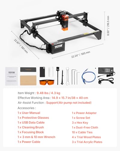 VEVOR 5W Output, Laser Engraving Cutter Machine, 14.9 x 15.7 in/38 x 40 cm Working Area, 10000 mm/min Movement Speed, Compressed Spot with Eye Protection, for Wood, Certain Metal, Black VEVOR