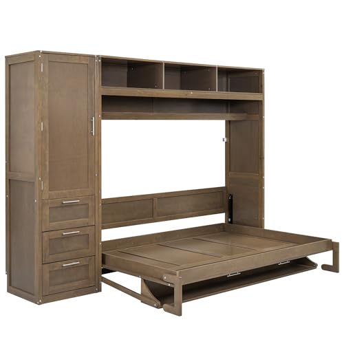 Harper & Bright Designs Full Size Murphy Bed with Wardrobe, Drawers and Open Shelves, Wooden Full Platform Bed, Hidden Foldable Bed Frame, Wall Bed for Home Office or Small Room,Antique Wood Harper & Bright Designs
