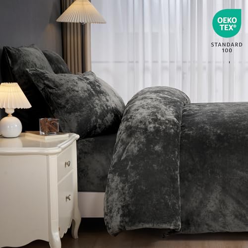 PHF Crushed Velvet Comforter Set King Size, 5-Piece Luxury Winter Bedding Sets with 2 Euro Shams, Heavyweight Warm Fluffy Velvet Bed Spread, Glam Home Decor, Grey PHF