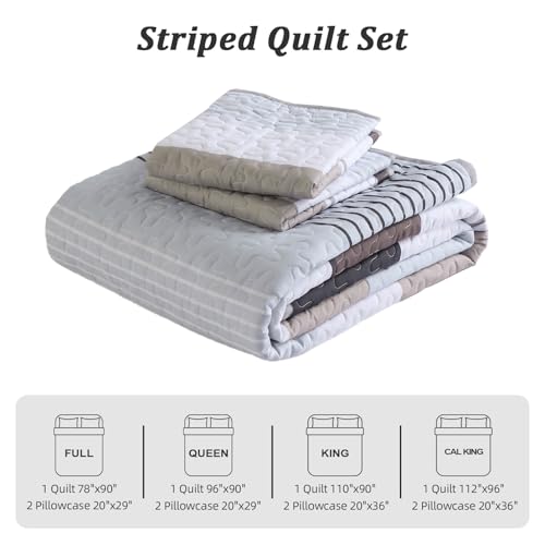 Dinjoy Boho Quilt Set Full Size,3 Pieces Grey Striped Bedspreads,Soft Microfiber Quilted Quilts Bedding Set with 2 Pillow Shams Lightweight Coverlet 78"x90" for Summer Fall Bed Dinjoy