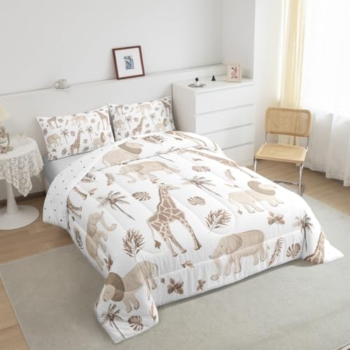 Feelyou Jungle Animals Comforter Twin Size Elephant Lion Giraffe Animal Bedding Sets African Safari Animal Duvet Set for Kids Boys Girls Hunter Brown Rust Wildlife Down Quilt Feelyou