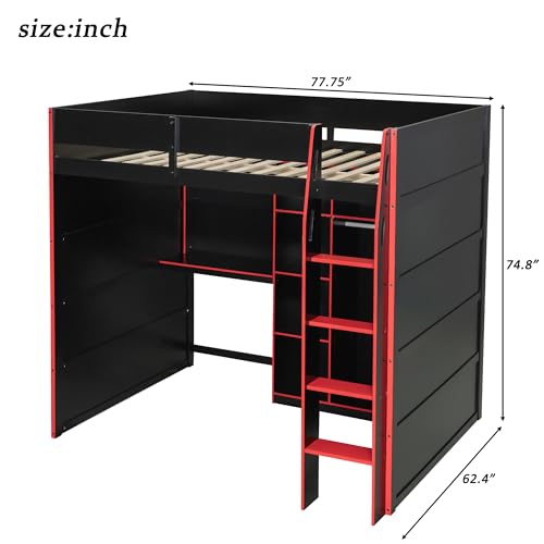 Merax Wood Loft Bed with Desk, Open Wardrobe, Storage Compartments and RGB Lights, Full Size, Red Merax