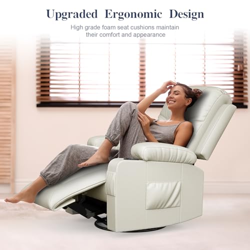 FURNIMAT Recliner Chairs for Adults, Massage Rocker with Heated Modern Ergonomic Lounge 360 Degree Swivel Single Sofa Seat Living Room Lounge Recliners Ivory White