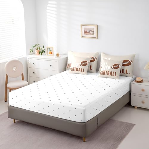 Feelyou Football Comforter Set with Sheets Full Size Rugby Sports 7 Pieces Bedding Set for Kids Boys Girls Teens Beige Brown Sports Ball Game Bed in a Bag Gift for Football Lover Bed Set Feelyou