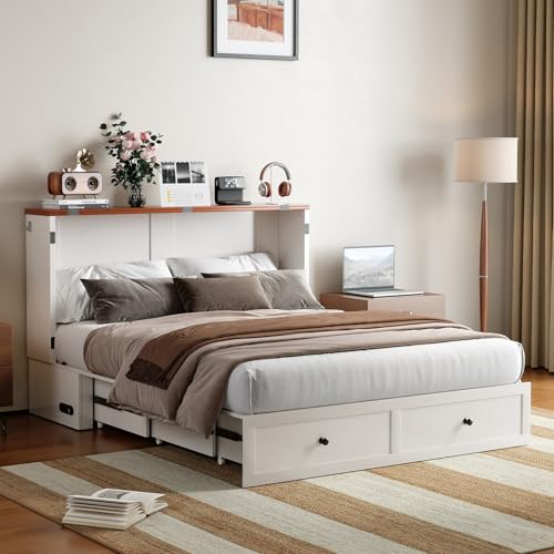 CECER Queen Size Murphy Bed with Tri-Folding Mattress,Murphy Bed Queen with 2 Large Storage Drawers and Charging Station for Small Spaces/Bedroom/Guest Room-(White) CECER