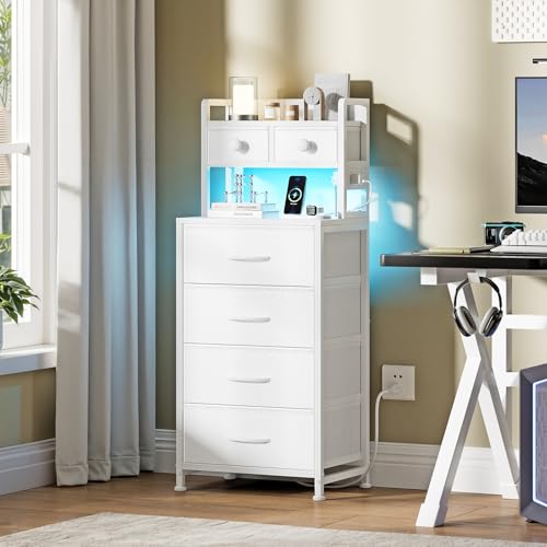 REAHOME 41 Inch Tall Nightstand with Charging Station, LED Night Stand with 6 Fabric Drawers, Bed Side Table with 3-Tier Wood Storage Shelves for Bedroom, Office, Small Spaces, White REAHOME