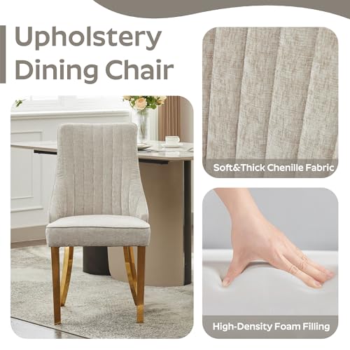 RGZ Modern Oval Dining Table Set for 6, 71" White Faux Marble Kitchen Table with Ripple Legs & 6 Beige Gold Comfy Upholstered Chenille Chairs, Dinner Table Set for Office, Home, Dining Room RGZ