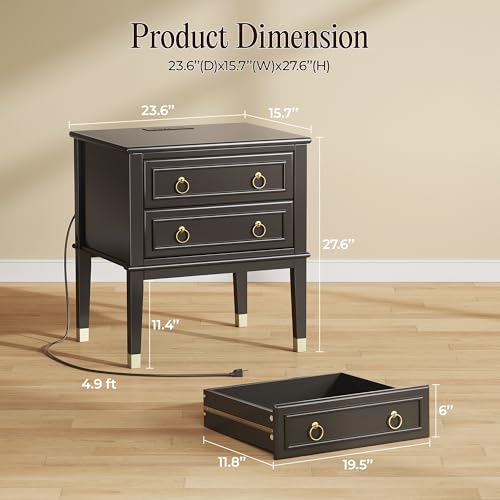 Huuger 27.6 Inch Tall Nightstand with Charging Station, USB-C Port, Larger Night Stand Set of 2, Bedside Table with 2 Drawers, 11.4 Inch Raised Legs, Side Tables End Tables, for Bedroom, Black Huuger