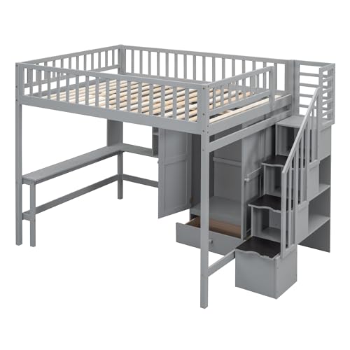 Ball & Cast Full Size Loft Bed with Storage Ladder and Bookshelf,Wooden Bedframe w/Drawers & Wardrobe,Desk,Full-Length Guard Rail,Space Saving,Bedroom Furniture for Student Dorms,Gray Ball & Cast