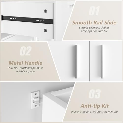 VECELO Dresser for Bedroom with Charge Station and Lights, Chest of 4 Drawers Closet with Raised Edge and Bottom Storage Cabinet, Wooden Organizer for Hallway Living Room, White VECELO