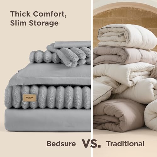 Bedsure Gentlesoft™ 2-in-1 Queen Comforter Set and Detachable Fluffy Blanket, Grey Bedding Set for All Season Use, SnapTech Design for Space Saving (Includes 2 Pillow Shams, 2 Pillowcases) Bedsure