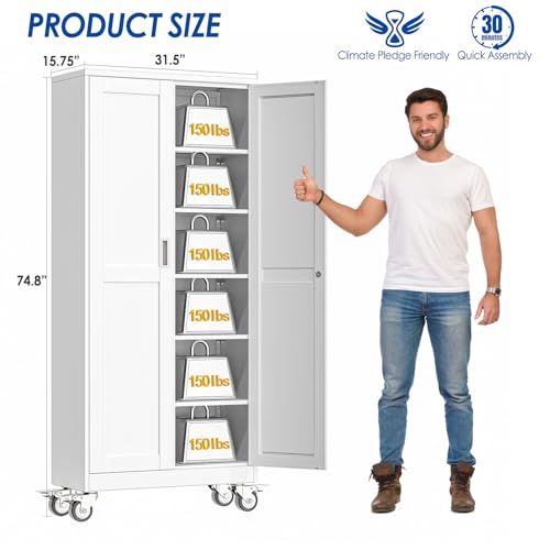 GAIOUS Metal Garage Storage Cabinet with Lock, Steel Tool Cabinet with 2 Doors and 5 Adjustable Shelves, 75” Tall Lockable File Cabinet with Wheels, Organization for Home Office Garage Gym - White GAIOUS