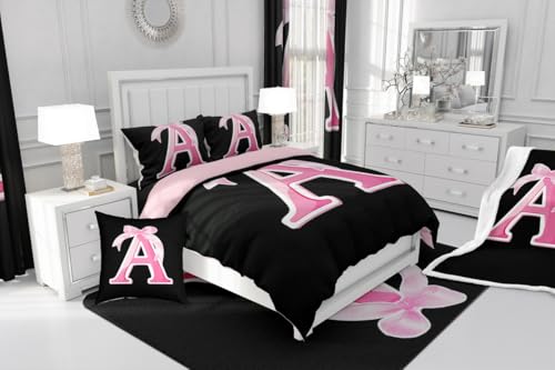 jejeloiu Kids Girls Black Pink Bow Comforter Set with Sheets Twin Size Monogrammed 7 Piece Bedding Set Personalized Initial A Bed in a Bag with Comforter,Sheets,Pillowcases Modern Fashion Bed Set jejeloiu