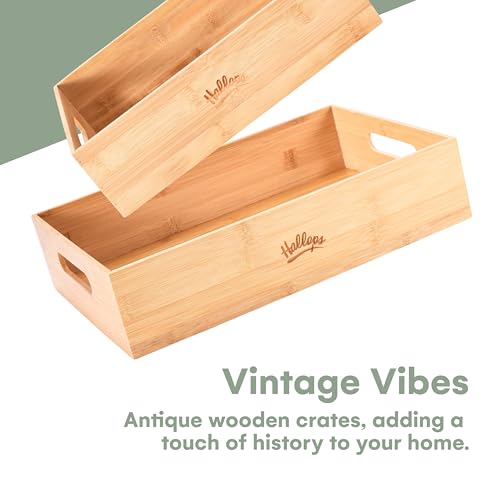 Hallops Large Wooden Crate - Wood Crates for Storage - Large Nesting Crate Set - Portable Antique Wood shelving - Rustic Wooden Decor Bamboo Box - Wooden Crates Decorative -15.74"L x 11.81"W x 5.9"H Hallops
