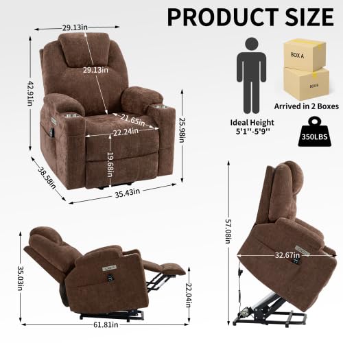 Dual Motor Power Lift Recliner Chair for Elderly,Heavy Duty 400 lbs, Oversized with Heat & Massage,Zero Gravity Lay Flat, Adjustable Lumbar Support, Electric Lift Assist Recliner (Brown+2 Cup) Anwick