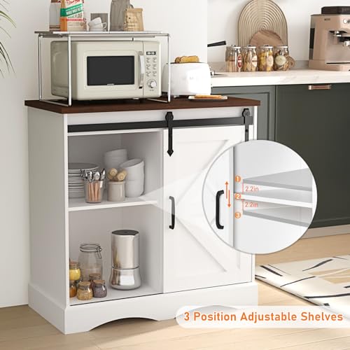 HOMFAMILIA 31.5" H Farmhouse Coffee Bar Cabinet w/Storage, White Kitchen Sideboard Buffet Cabinet with Sliding Barn Door, Rustic Accent Console with Adjustable Shelves, for Kitchen, Living Room HOMFAMILIA
