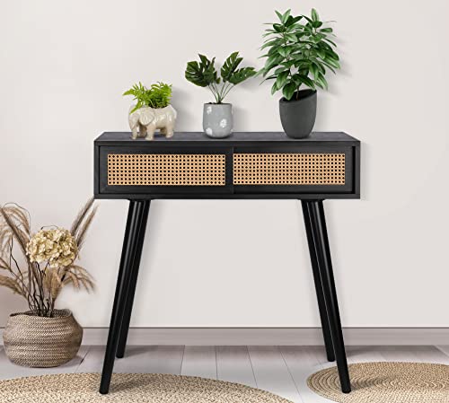 Console Table Small Entryway Table, 31" Console Tables for Entryway, Vanity Desk Rattan Dresser Side Table Black Entry Table Narrow Console Table Modern Hallway Table Boho Sofa Table for Living Room ZYBT