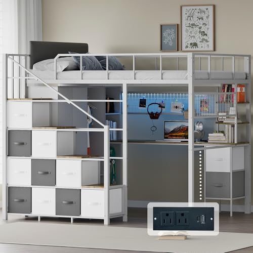 Kikihouse Full Size Loft Bed with Desk, Stairs & LED Light, Metal Gaming Loft Bed Frame with Headboard, Safety Guardrails, Charging Station, Closet and 12 Fabric Drawers, Space Saving, White and Oak Kikihouse