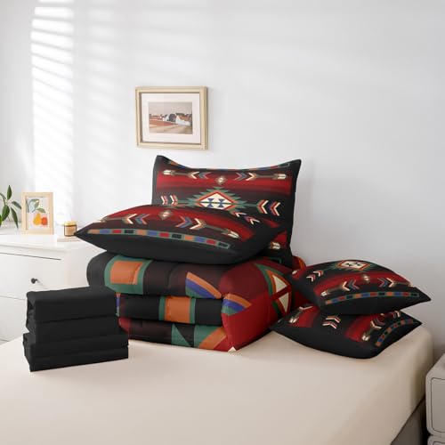 Erosebridal Farmhouse Geometric King Comforter Set with Sheets 7 Piece Southwestern Tribal Bedding Set Vintage Western Aztec Bed in A Bag for Kids Adults Rustic Farmhouse Cabin Lodge Bed Set Erosebridal