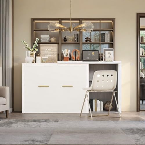 MaiDeHaoo Twin Size Murphy Bed Cabinet Horizontal with Adjustable Position Desk Murphy Chest Bed with Foldable Cushion - White MaiDeHaoo