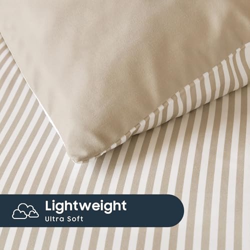 Wake In Cloud - Striped Comforter Set, Ticking Stripe Vertical Pinstripe Neutral Farmhouse Pattern Printed, Soft Lightweight Bedding, 3 Pieces, Light Brown White, Twin/Twin XL Size Wake In Cloud
