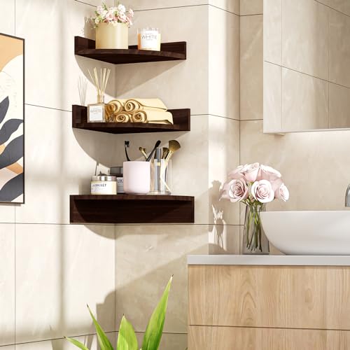 Alsonerbay Corner Shelf Wall Mount, Set of 3 Floating Shelves for Storage and Display, Rustic Wood Shelves for Bedroom, Kitchen, Living Room, Nursery and Office (Dark Brown) Alsonerbay