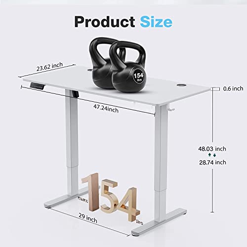 SMUG Standing Desk, 48 x 24 in Electric Height Adjustable Computer Desk for Home Office, Sit Stand up Work Gaming Table with Memory Controller/Headphone Hook, Rising Lift Workstation-White SMUG