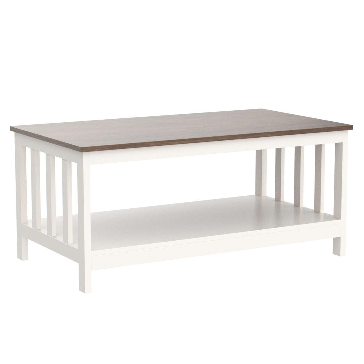 ChooChoo White Coffee Table, Farmhouse Living Room Table with Shelf, 40 Inch ChooChoo
