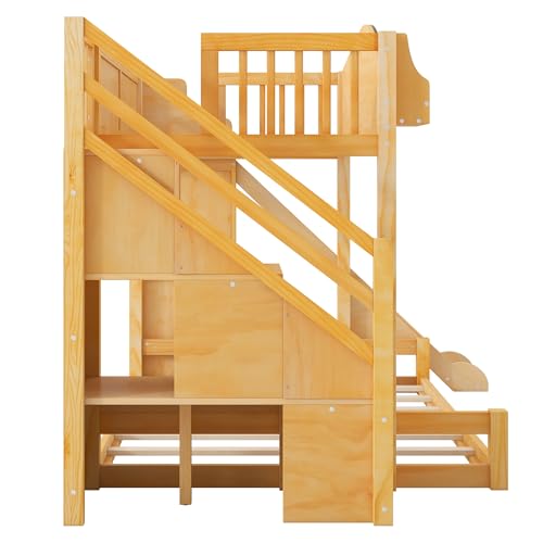 KLMM Twin Over Full Bunk Bed with Storage Staircase, Shelf and Slide,for Kids Teen Boys Girls Bedroom Use (Natural+Espresso-Slide, Twin Over Full) KLMM