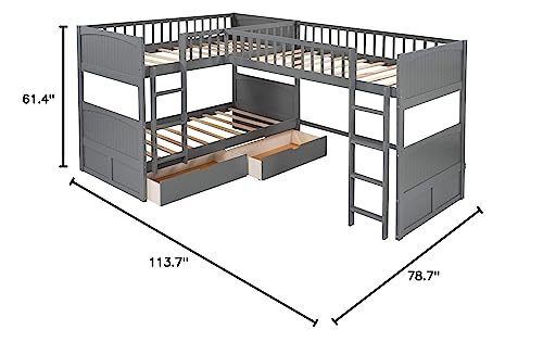 Merax L-Shaped Solid Wood Bunk Bed, Twin Over Twin Over Twin Bed with 2 Drawers and 2 Ladders, Twin Size Bunk Bed with a Loft Bed Attached, Grey Merax