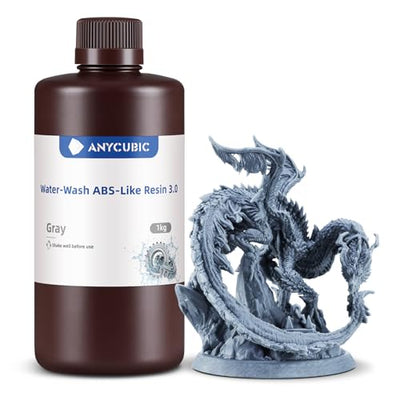 ANYCUBIC Water Washable ABS-Like Resin 3.0, 3D Printer Resin, High Toughness and High Precision, Easy to Post-Process, Low Odor, Wide Compatibility for All LCD 3D Printers (Gray, 1kg)