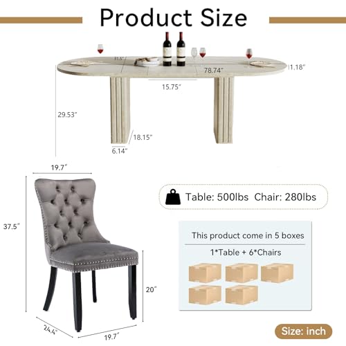 Pvillez Extendable Dining Table Set of 6, Oval Dining Room Table & 6 Gray Velvet Dining Chairs with Wood Leg, 62.99"-78.74" Kitchen Table and Chairs Set, Modern 7 Piece Dining Set Pvillez