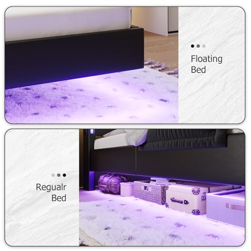 BYSAUD Floating Bed Frame with Hidden Storage in The Openable Marshmallow Headboard,King Size Bed Frame with Charging Station Including 2 Standard Sockets & Led Lights,PU Leather (King) BYSAUD