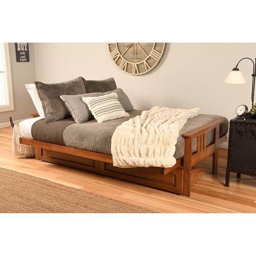 HomeStock Full Size Futon Frame with Mattress - Hardwood Sofa Bed Convertible 79" Linen Cocoa/with Storage Drawers HomeStock